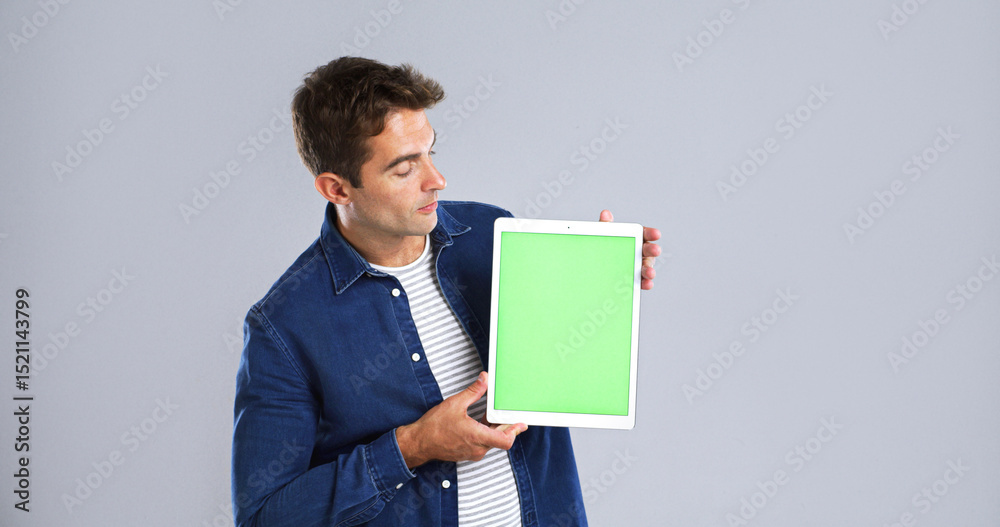 Aufkleber man, tablet screen or chromakey in studio for advertising or presentation on white background. male 