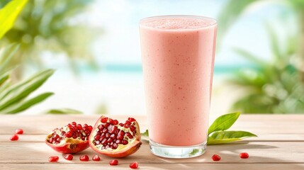 Pomegranate smoothie with halved fruit on a wooden table top