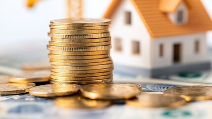 Stack of gold coins next to toy house and money