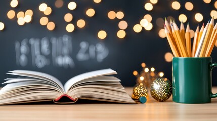 Composition featuring an open book pencils and decorative light orbs