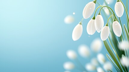 Delicate white snowdrop flowers blooming against a soft blue backdrop