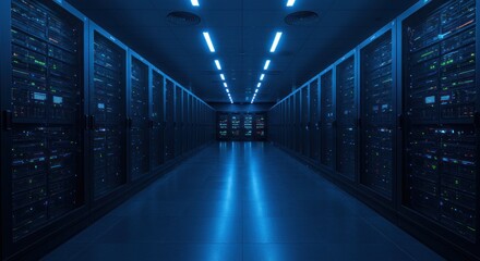 Fototapeta premium Futuristic data center corridor illuminated by blue lights, showcasing rows of servers and technology