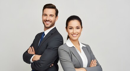 Confident business professionals, a man and a woman, stand back-to-back with arms crossed, exuding success and partnership.  