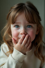 A young girl with tears in her eyes, covering her face with her hands