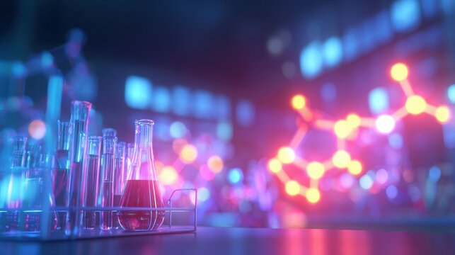 Colorful laboratory scene with test tubes and molecular structures, showcasing scientific research