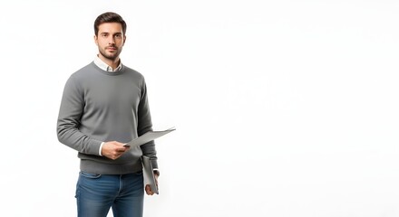 A confident and poised business professional holds a document, exuding competence and ready for action. with a modern and minimalistic aesthetic.