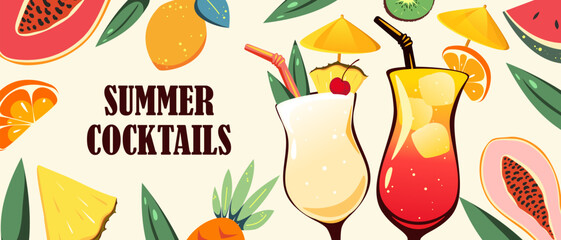 Summer cocktails background. Summer refreshing drinks and fruits. Vector illustration.