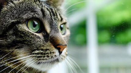 Gray striped cat portrait with detailed fur, soft natural light, blurred green background. Elegance in simplicity