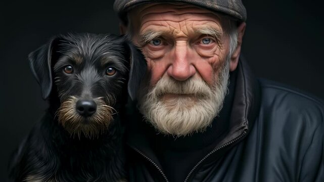 Close up portrait of an old man with deep wrinkles and a long gray beard next to his loyal companion, a small black dog, on a dark background, concept of friendship and aging, footage.