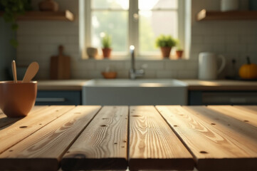 A wooden table with a bowl and spoon, perfect for a cozy breakfast setting