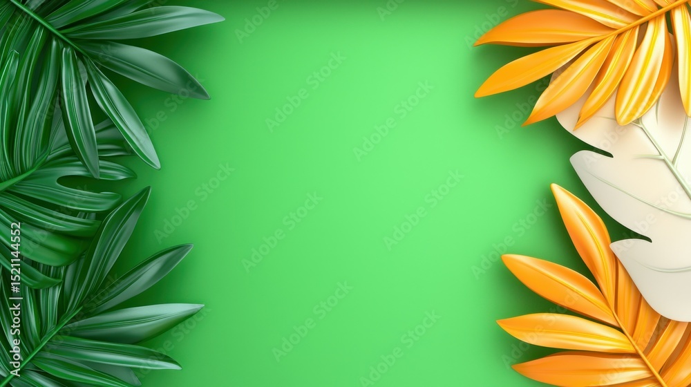 Aufkleber tropical leaves frame a vibrant green background in a rendering