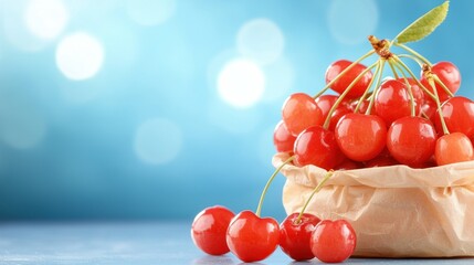 Ripe cherries in a paper bag with bokeh background