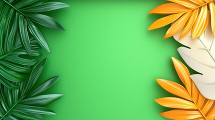 Tropical leaves frame a vibrant green background in a rendering