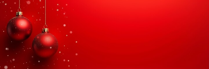 Christmas themed background and template with simple and premium design, two Christmas balls hanging on a plain red background