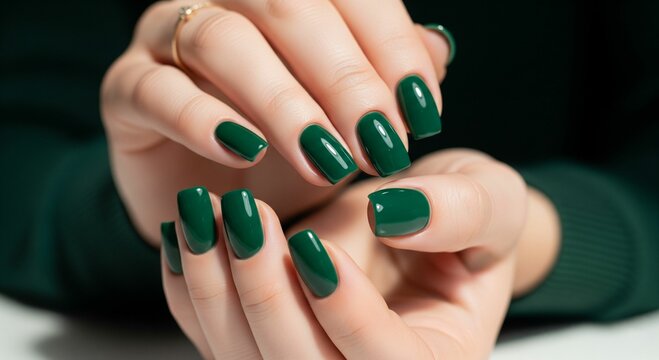 a close-up of a woman's hands with a dark, glossy green manicure.