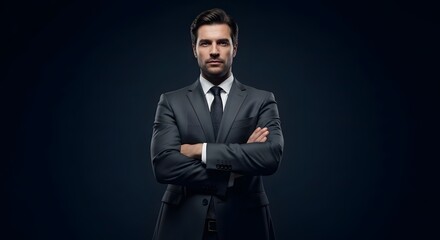 Obraz premium A confident and well-dressed professional in a stylish suit confidently crosses his arms against a dark backdrop, epitomizing success and leadership.