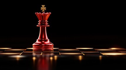 Red chess queen stands powerfully on a reflective board