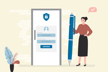 User woman hold giant pencil and write various data. Closed door with account information and new password. Secure login. Female character register new account