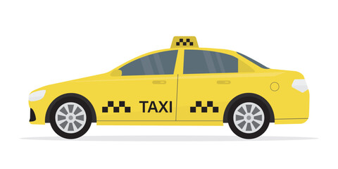 Yellow taxi car. Taxi auto side view. Yellow passenger transport isolated on white background
