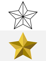 3D Geometric Star Icon – Outline and Golden Filled Version with realistic shading. digital awards, ratings, rankings, achievements. Vector illustration concept.