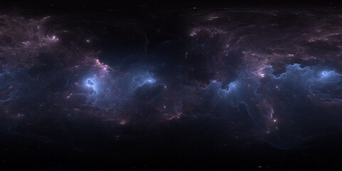 360 degree space nebula. Giant interstellar cloud with stars, equirectangular projection, environment map. Spherical panorama. 3D rendering, Fractal image
