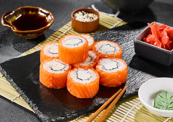 Philadelphia luxe salmon roll with cream cheese, vibrant lighting, minimalist composition