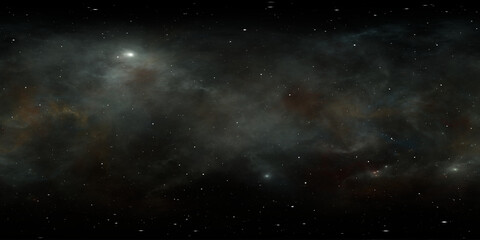 360 degree space nebula. Giant interstellar cloud with stars, equirectangular projection, environment map. Spherical panorama. 3D rendering, Fractal image