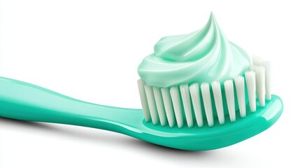 Turquoise toothbrush with a generous swirl of toothpaste on top
