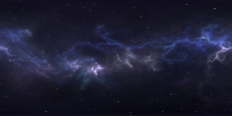 360 degree space nebula. Giant interstellar cloud with stars, equirectangular projection, environment map. Spherical panorama. 3D rendering, Fractal image