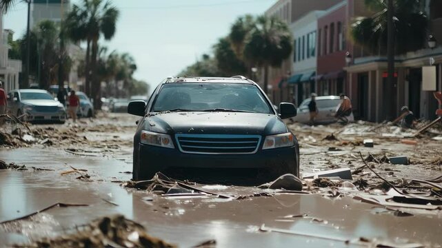 Flooded street with cars submerged in muddy water and debris after a severe natural disaster, showing widespread damage and the aftermath of a powerful storm, disaster relief concept, footage.