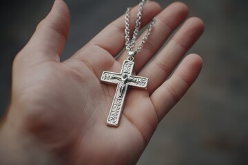 Cross Jewelry: Hand Holding Silver Cross and Chain - Symbol of Christian Faith