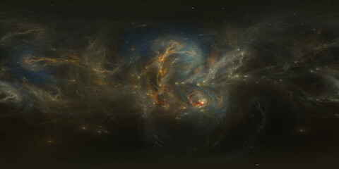 360 degree space nebula. Giant interstellar cloud with stars, equirectangular projection, environment map. Spherical panorama. 3D rendering, Fractal image