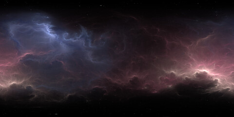 360 degree space nebula. Giant interstellar cloud with stars, equirectangular projection, environment map. Spherical panorama. 3D rendering, Fractal image