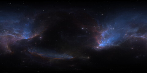 360 degree space nebula. Giant interstellar cloud with stars, equirectangular projection, environment map. Spherical panorama. 3D rendering, Fractal image