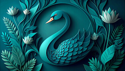 Teal Swan in Paper Art Style with Floral Frame, Elegant Nature Image