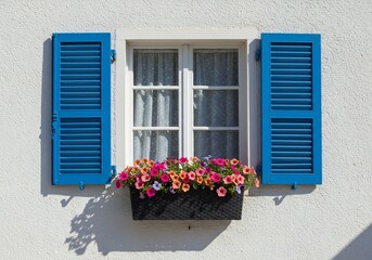 Window with blue shutters and flower box in sunshine on white textured wall