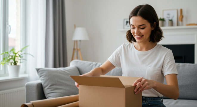 Unboxing excitement a young woman in a cozy living room opens a package lifestyle content home environment joyful viewpoint consumer experience
