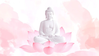 Serene White Buddha Statue Meditating on Pink Lotus Flower, Watercolor Background