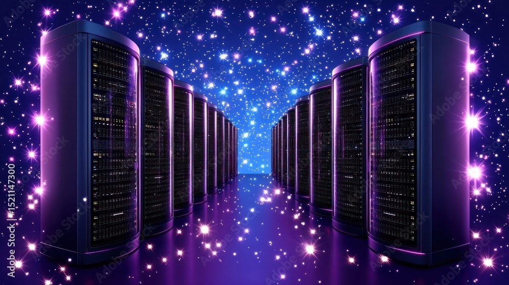 Poster rows of server racks under a starry sky background
