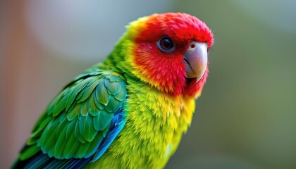 Vibrant Red Headed Parrot Close Up Exotic Bird with Green and Blue Feathers