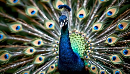 Fototapeta premium Majestic Peacock Displaying Vibrant Plumage Close Up View of Detailed Feathers