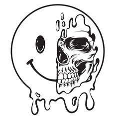 line art smiling skull skeleton smiling face. Half skull emoticons, emojis with logo illustration with premium quality vector