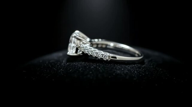 A brilliant solitaire diamond engagement ring with a pav&eacute; band glistens on a dark, reflective surface against a blurred black background
