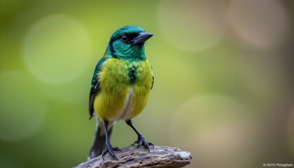 Vibrant Green and Blue Tropical Bird Perched on Wood Detailed Close Up