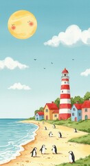 Cartoon illustration of beach with lighthouse, penguins, and smiling sun