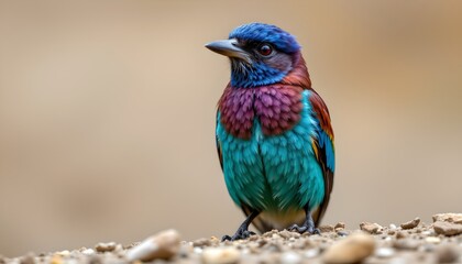 Obraz premium Vivid Blue Green Roller Bird on Ground Detailed Colorful Plumage Wildlife Photography