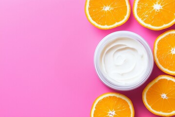 White skincare cream jar with vitamin C surrounded by fresh orange slices on pink background with copy space.