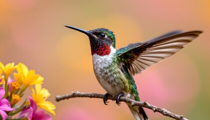 Fototapeta premium Vibrant Hummingbird with Wings Spread Perched on Branch near Flowers