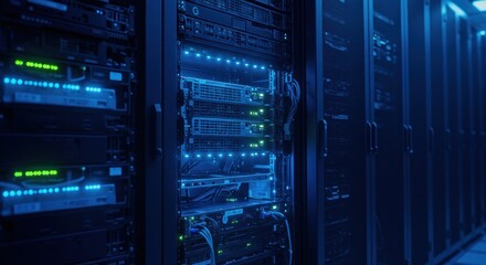 High-tech data center with illuminated server racks showcasing advanced technology and connectivity