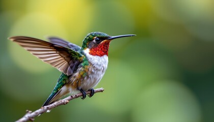 Fototapeta premium Vibrant Rufous Hummingbird Perched on Branch Wings Spread Nature Photography